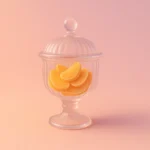 A delicate glass candy jar filled with orange slice gummy candies, centered against a soft pink and peach gradient background, symbolizing childhood comfort and unconditional love.