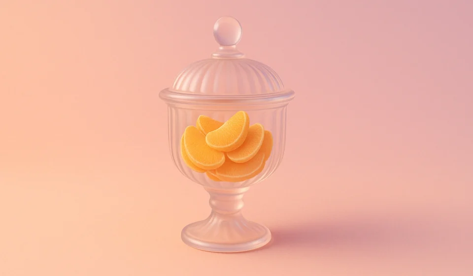 When Grandparents <br>Fill Our Parental Needs A delicate glass candy jar filled with orange slice gummy candies, centered against a soft pink and peach gradient background, symbolizing childhood comfort and unconditional love.