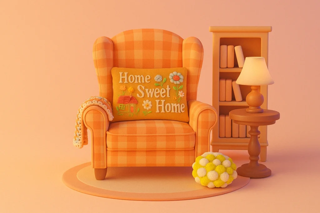 A warm and inviting 3D illustration of a cozy orange plaid armchair with a “Home Sweet Home” embroidered pillow, surrounded by a vintage-style crochet throw, daisy-patterned cushion, wooden side table with a lamp, and bookshelf—set against a soft pastel peach background evoking nostalgic comfort and emotional safety.