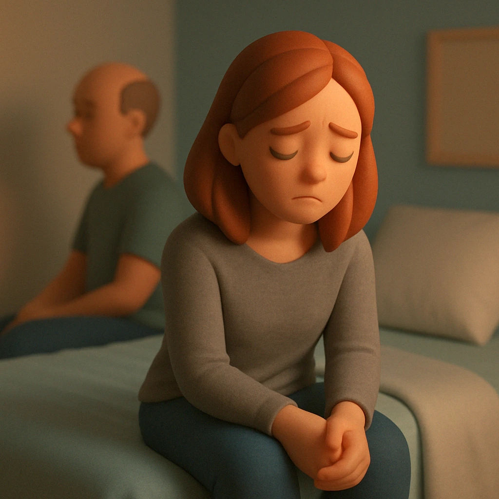 A soft 3D clay-style illustration of a sad woman sitting on the edge of a bed with her head down and hands clasped, while a man sits turned away in the background, both appearing emotionally distant—conveying themes of disconnection, loneliness, and unresolved tension.