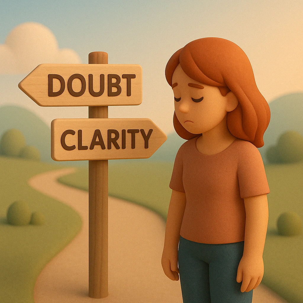A clay-style 3D illustration of a sad woman standing at a fork in the road beside two wooden signs labeled “Doubt” and “Clarity,” symbolizing emotional uncertainty, inner conflict, and the journey toward self-understanding.