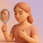 A soft 3D illustration of a woman with closed eyes holding a cracked mirror, reflecting her face, set against a pastel gradient background symbolizing introspection and healing from gaslighting.