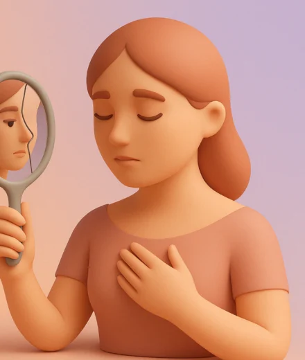 What Gaslighting <br>Really Looks Like A soft 3D illustration of a woman with closed eyes holding a cracked mirror, reflecting her face, set against a pastel gradient background symbolizing introspection and healing from gaslighting.