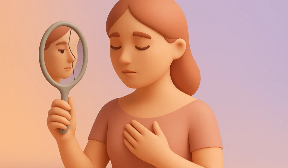 What Gaslighting <br>Really Looks Like A soft 3D illustration of a woman with closed eyes holding a cracked mirror, reflecting her face, set against a pastel gradient background symbolizing introspection and healing from gaslighting.
