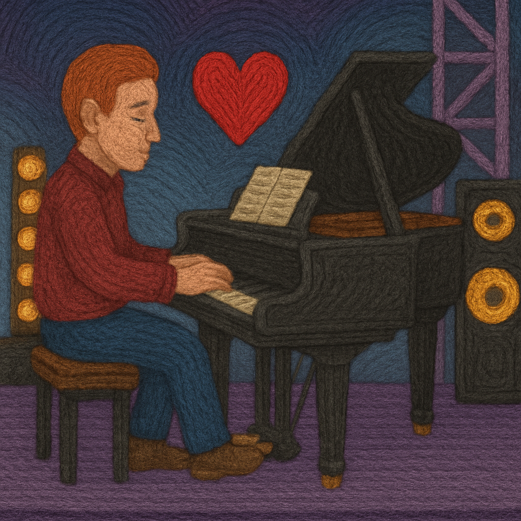 A yarn-textured illustration of a solemn man playing a grand piano on stage beneath a glowing red heart, symbolizing the seductive emotional pull of narcissistic manipulation disguised as love.