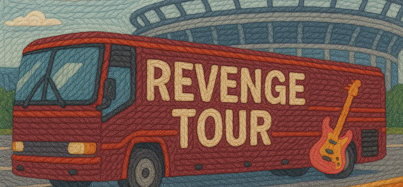 A yarn-textured image of a red tour bus parked outside a stadium, with the words “Revenge Tour” stitched across the side and a pink electric guitar leaning against the rear — symbolizing the theatrical and destructive nature of narcissistic revenge.