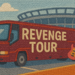 A yarn-textured image of a red tour bus parked outside a stadium, with the words “Revenge Tour” stitched across the side and a pink electric guitar leaning against the rear — symbolizing the theatrical and destructive nature of narcissistic revenge.