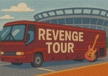 A yarn-textured image of a red tour bus parked outside a stadium, with the words “Revenge Tour” stitched across the side and a pink electric guitar leaning against the rear — symbolizing the theatrical and destructive nature of narcissistic revenge.