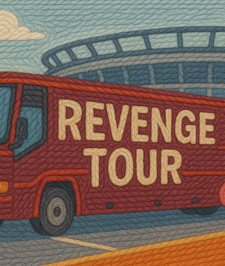 A yarn-textured image of a red tour bus parked outside a stadium, with the words “Revenge Tour” stitched across the side and a pink electric guitar leaning against the rear — symbolizing the theatrical and destructive nature of narcissistic revenge.