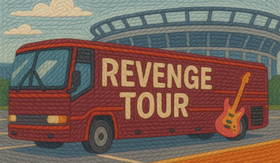 The Revenge Tour Is Coming A yarn-textured image of a red tour bus parked outside a stadium, with the words “Revenge Tour” stitched across the side and a pink electric guitar leaning against the rear — symbolizing the theatrical and destructive nature of narcissistic revenge.