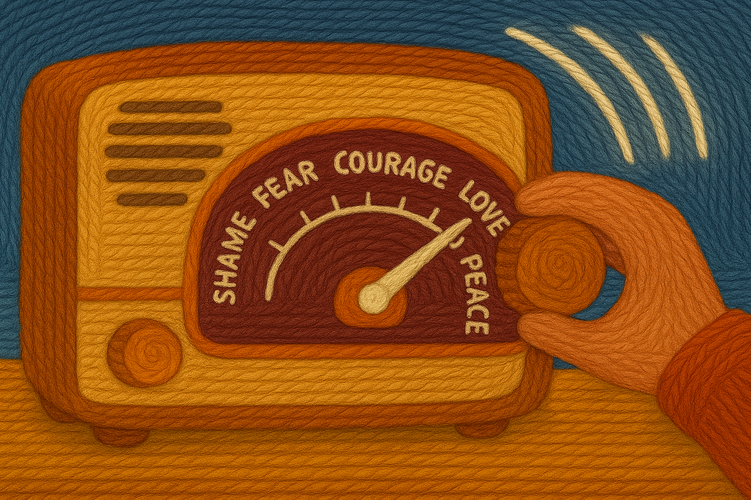 A yarn-textured illustration of a vintage radio being tuned by hand, with a dial marked “Shame,” “Fear,” “Courage,” “Love,” and “Peace,” symbolizing the emotional shift to higher states of consciousness inspired by Dr. David R. Hawkins’ Map of Consciousness.