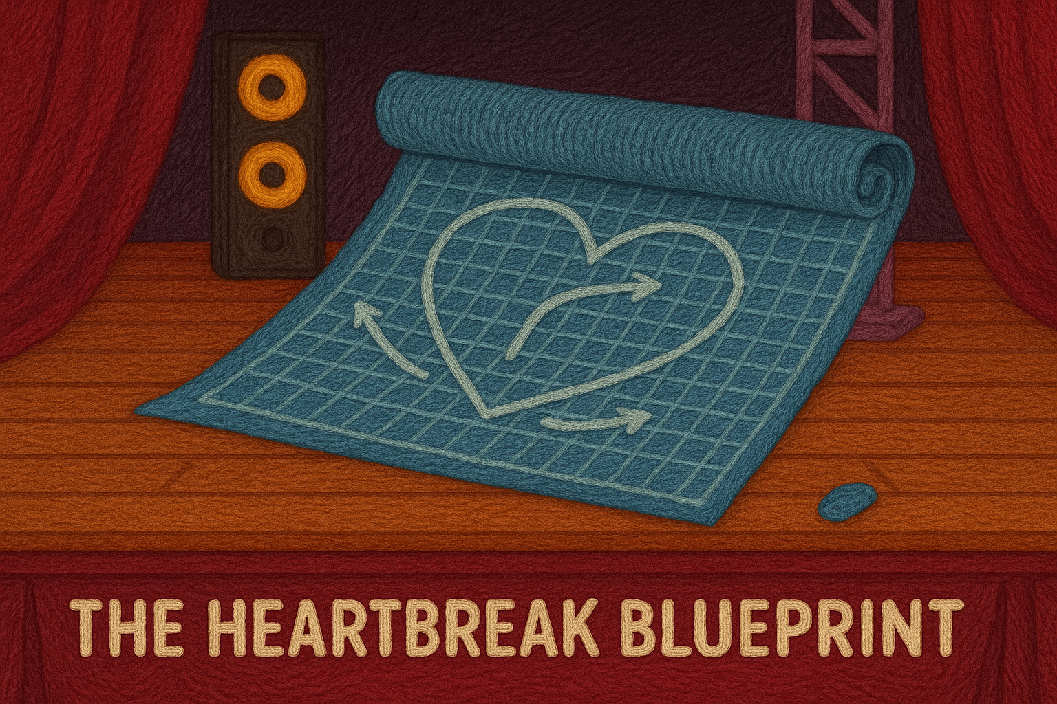 A yarn-textured illustration of a stage with a rolled-out blueprint featuring a stitched heart and arrows, labeled “The Heartbreak Blueprint” beneath the platform—symbolizing the calculated emotional strategies used in narcissistic manipulation.