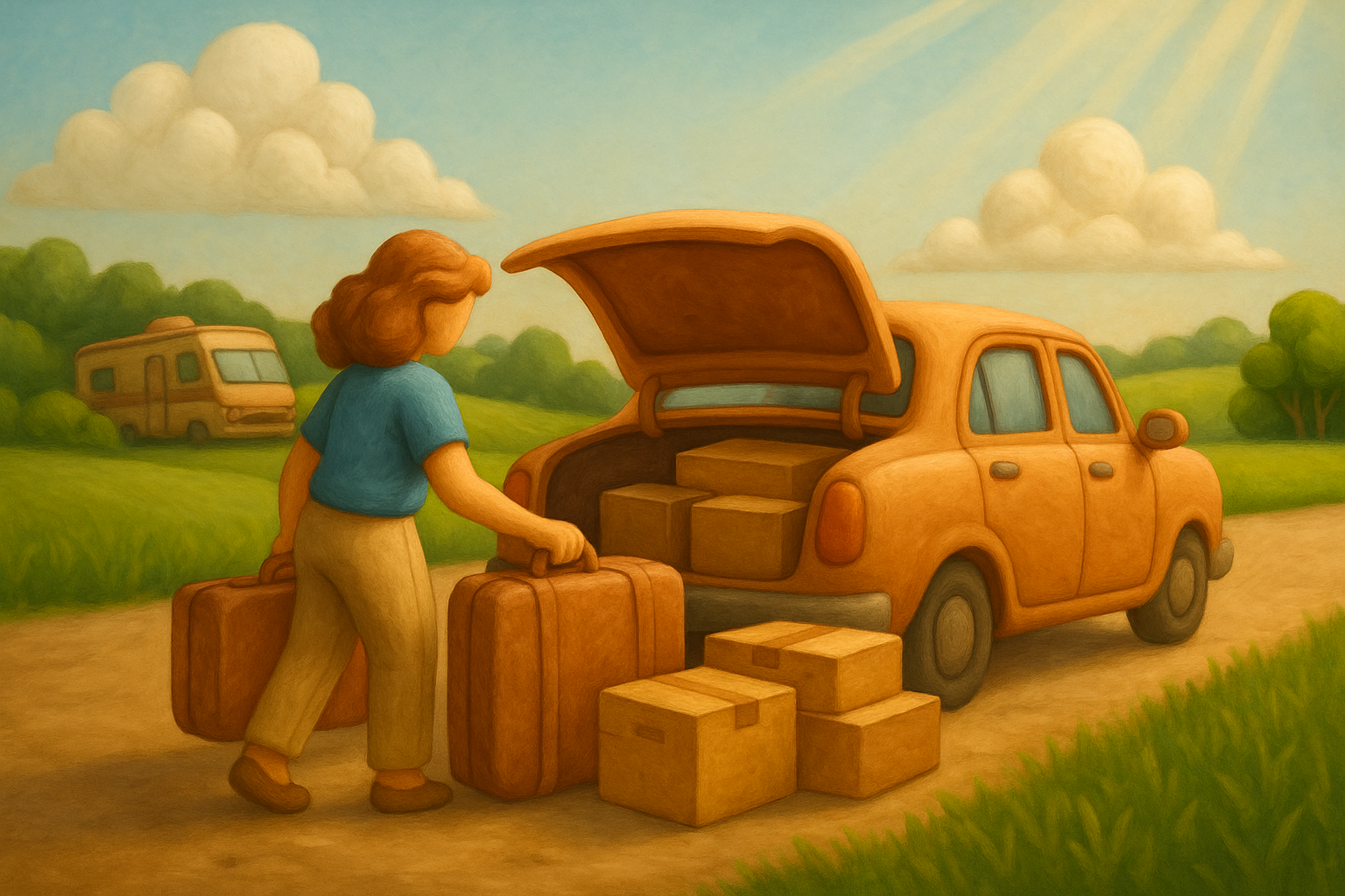 Clay figure woman packing her bags lightly to move forward with her life. 
