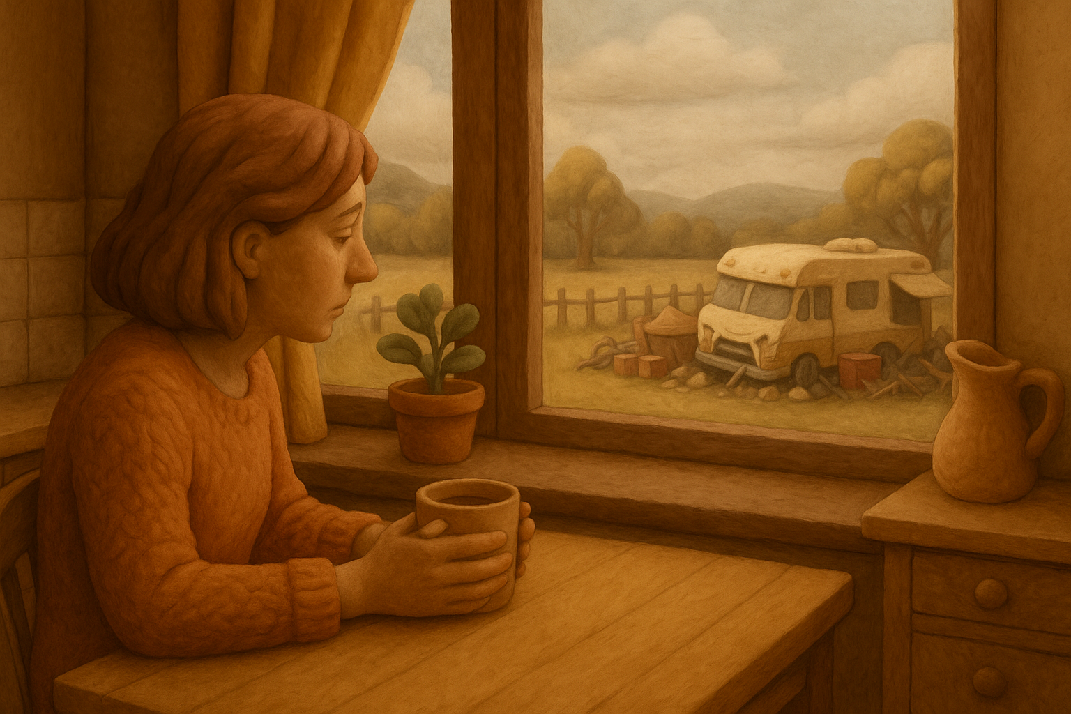 3D clay style woman contemplating her life's choices while drinking a cup of hot tea.