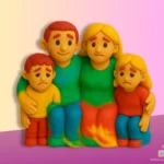 A clay-style sculpture of a family of four fused together into a single multicolored form, symbolizing enmeshment. Each member has a blended expression of forced closeness, with the children appearing sad and emotionally bound to the parents.