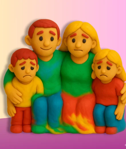 When Love Starts to Smother A clay-style sculpture of a family of four fused together into a single multicolored form, symbolizing enmeshment. Each member has a blended expression of forced closeness, with the children appearing sad and emotionally bound to the parents.