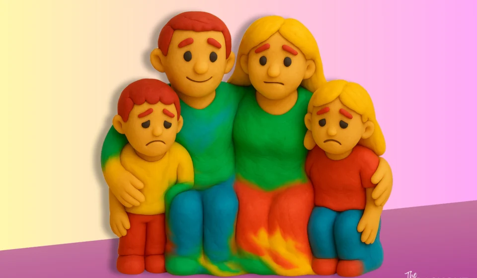 When Love Starts to Smother A clay-style sculpture of a family of four fused together into a single multicolored form, symbolizing enmeshment. Each member has a blended expression of forced closeness, with the children appearing sad and emotionally bound to the parents.