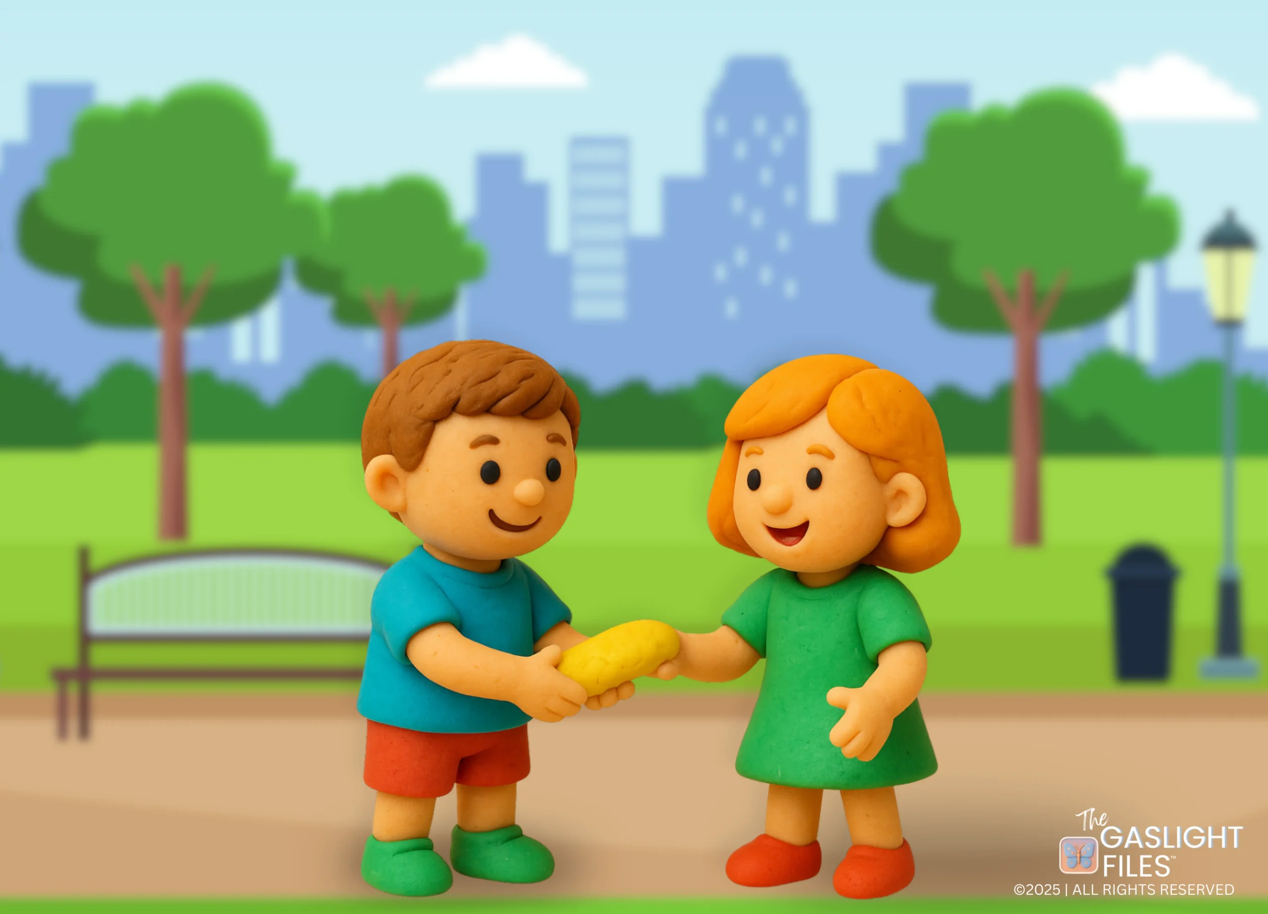 A clay-style boy and girl stand smiling in a peaceful park with city buildings in the background. The boy offers a yellow object to the girl, symbolizing healthy emotional connection and freedom after family enmeshment. Both children appear whole, happy, and self-contained, surrounded by vibrant nature and calm surroundings.