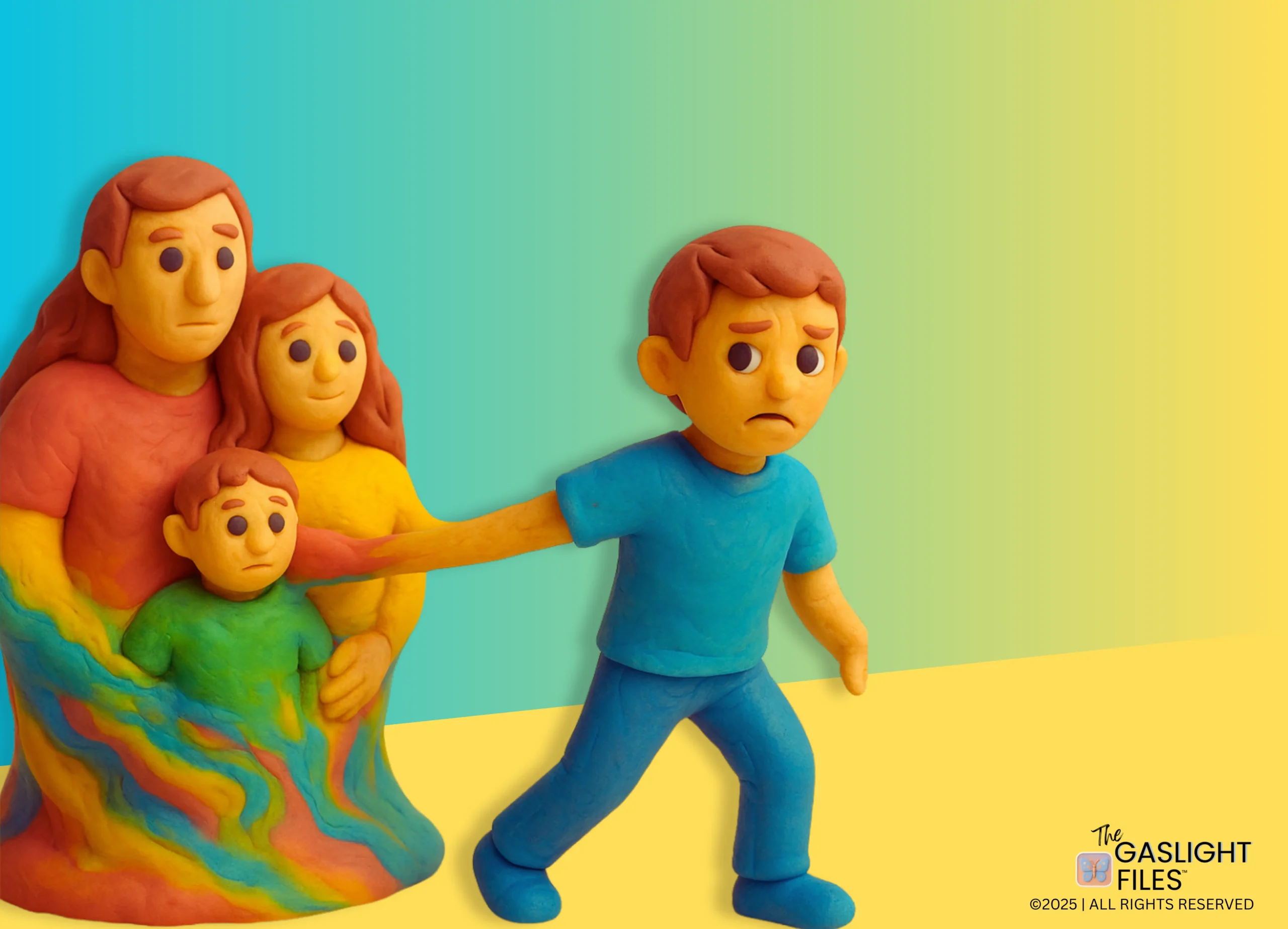A boy made of clay is shown emotionally torn, attempting to pull away from a multicolored, melded family behind him. His extended arm still connects to the group, illustrating the difficulty of breaking free from family enmeshment.