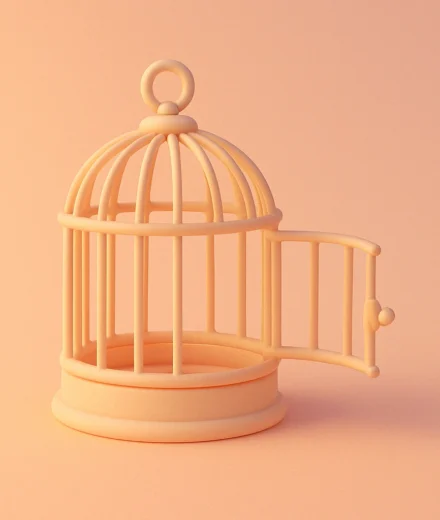 A soft clay-style 3D illustration of a pastel birdcage with its door gently open, set against a warm peach gradient background—symbolizing emotional freedom, letting go, and the quiet beauty of release.