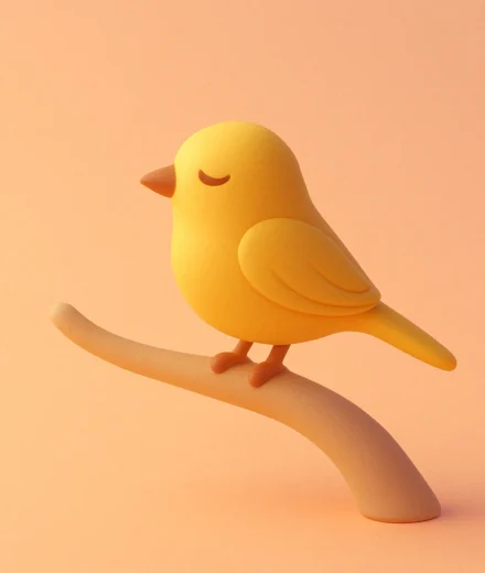 A soft 3D clay-style illustration of a small, round bird perched near the edge of a branch, set against a warm pastel sky gradient—symbolizing quiet bravery, emotional readiness, and the moment before taking a leap forward.