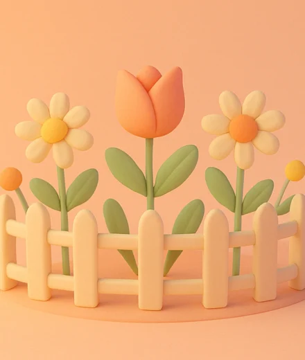 A soft, pastel-toned 3D illustration of a small cream picket fence surrounding three blooming flowers—a tulip and two daisies—set against a warm peach gradient background, symbolizing healthy boundaries, personal growth, and emotional self-protection.