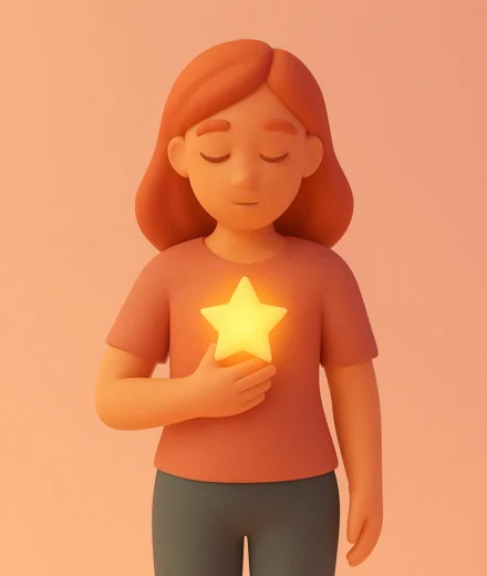A soft 3D clay-style illustration of a calm woman with closed eyes gently holding a glowing star at her chest, set against a warm peach gradient background—symbolizing inner strength, self-trust, and the quiet power of personal empowerment.