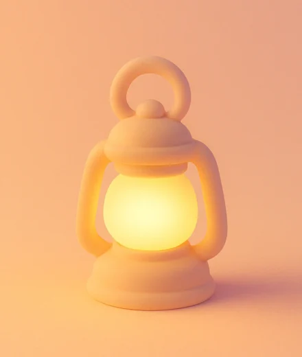 A soft 3D clay-style illustration of a small lantern glowing warmly on a gentle peach gradient background—symbolizing emotional awareness, illumination, and the quiet moment of beginning to see clearly.