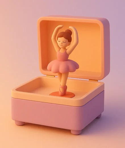 Taught to Perform <br> Instead of Feel A pastel-toned ballerina in a music box, symbolizing emotional clarity and healing – The Gaslight Files.