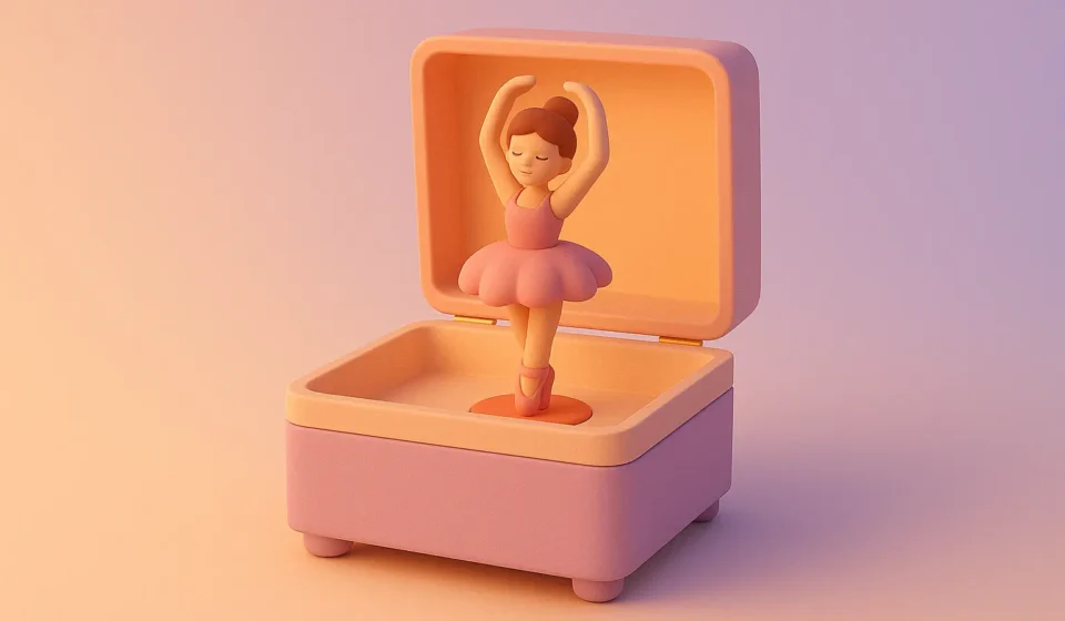 A pastel-toned ballerina in a music box, symbolizing emotional clarity and healing – The Gaslight Files.