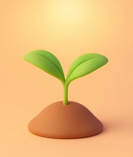 A soft 3D clay-style illustration of a tiny green seedling emerging from light brown soil under a warm peach-pink gradient sky, symbolizing personal growth, new beginnings, and the quiet unfolding of identity.