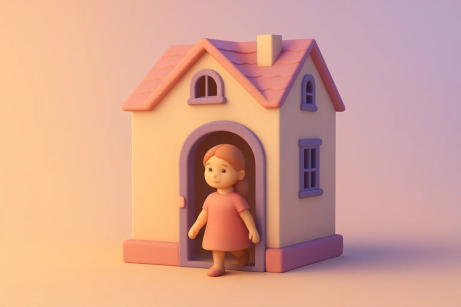 A clay-style girl with open eyes steps out of a pastel dollhouse into soft light, symbolizing awakening, freedom, and healing from emotional containment – The Gaslight Files