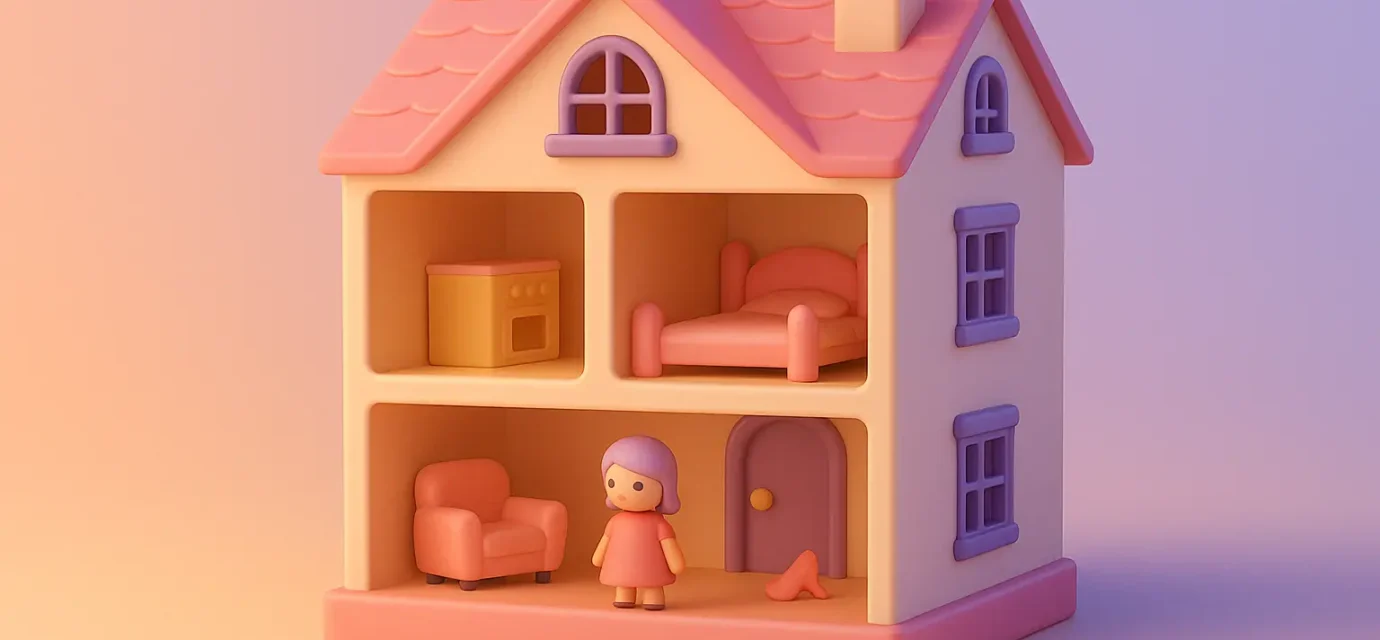 A soft 3D-rendered pastel dollhouse with a single clay girl standing inside, symbolizing emotional control, childhood role-playing, and family dysfunction – The Gaslight Files