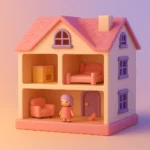 A soft 3D-rendered pastel dollhouse with a single clay girl standing inside, symbolizing emotional control, childhood role-playing, and family dysfunction – The Gaslight Files