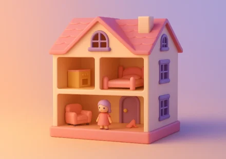A soft 3D-rendered pastel dollhouse with a single clay girl standing inside, symbolizing emotional control, childhood role-playing, and family dysfunction – The Gaslight Files