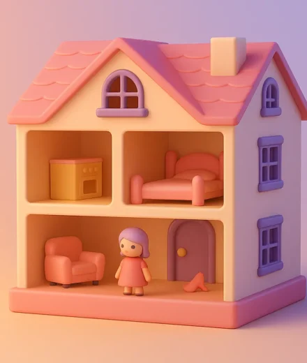 A soft 3D-rendered pastel dollhouse with a single clay girl standing inside, symbolizing emotional control, childhood role-playing, and family dysfunction – The Gaslight Files