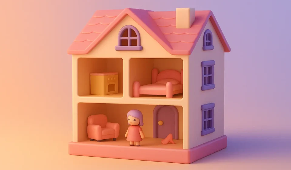 The Dollhouse Was Beautiful — But It Was All for Show A soft 3D-rendered pastel dollhouse with a single clay girl standing inside, symbolizing emotional control, childhood role-playing, and family dysfunction – The Gaslight Files