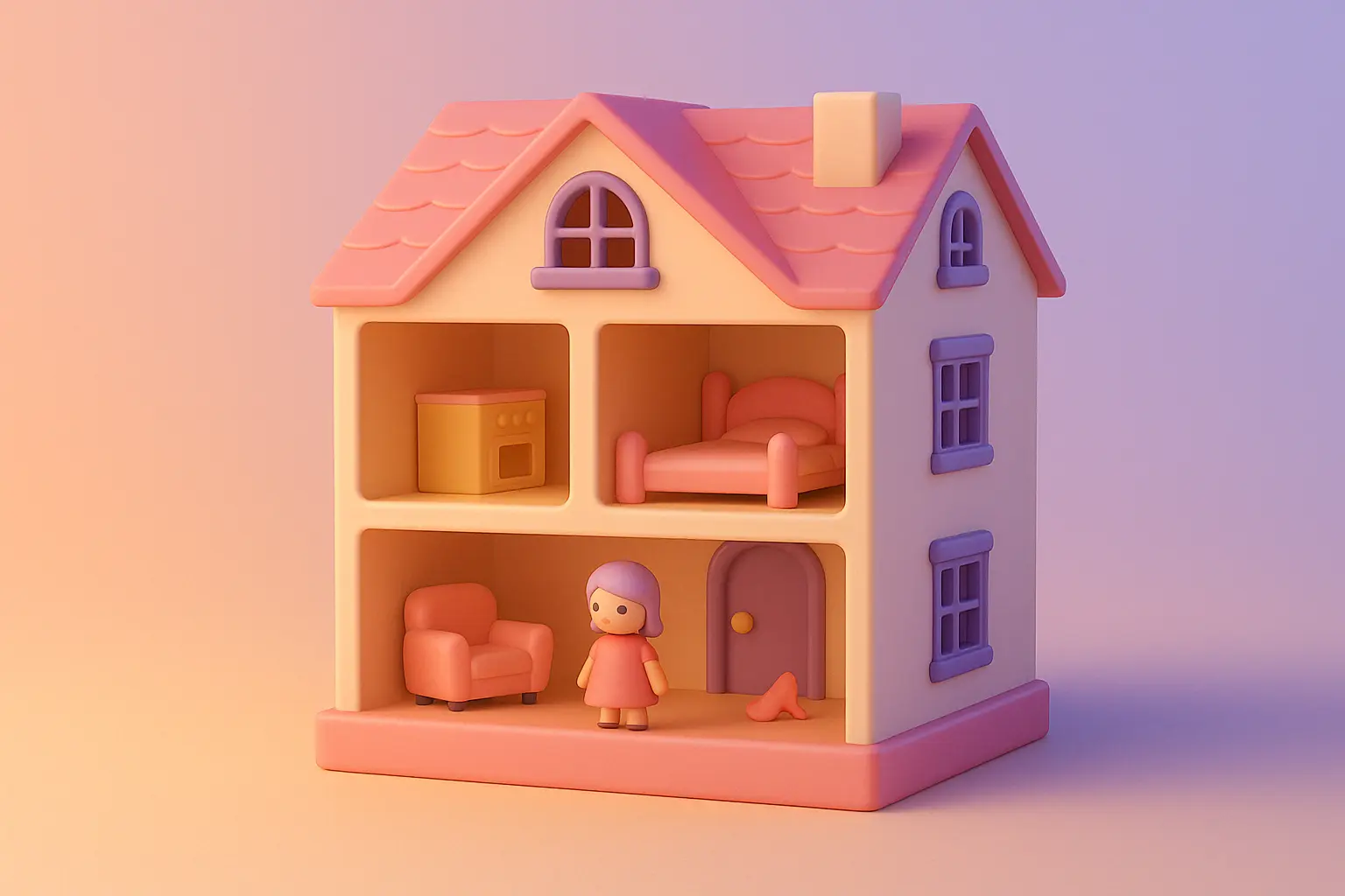 A soft 3D-rendered pastel dollhouse with a single clay girl standing inside, symbolizing emotional control, childhood role-playing, and family dysfunction – The Gaslight Files